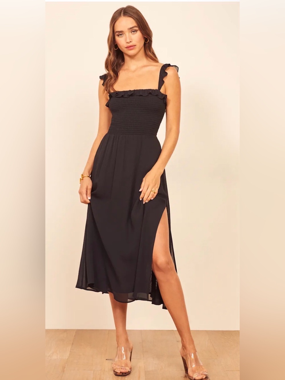 Reformation Black Siesta Smocked Midi Dress with Side Slit